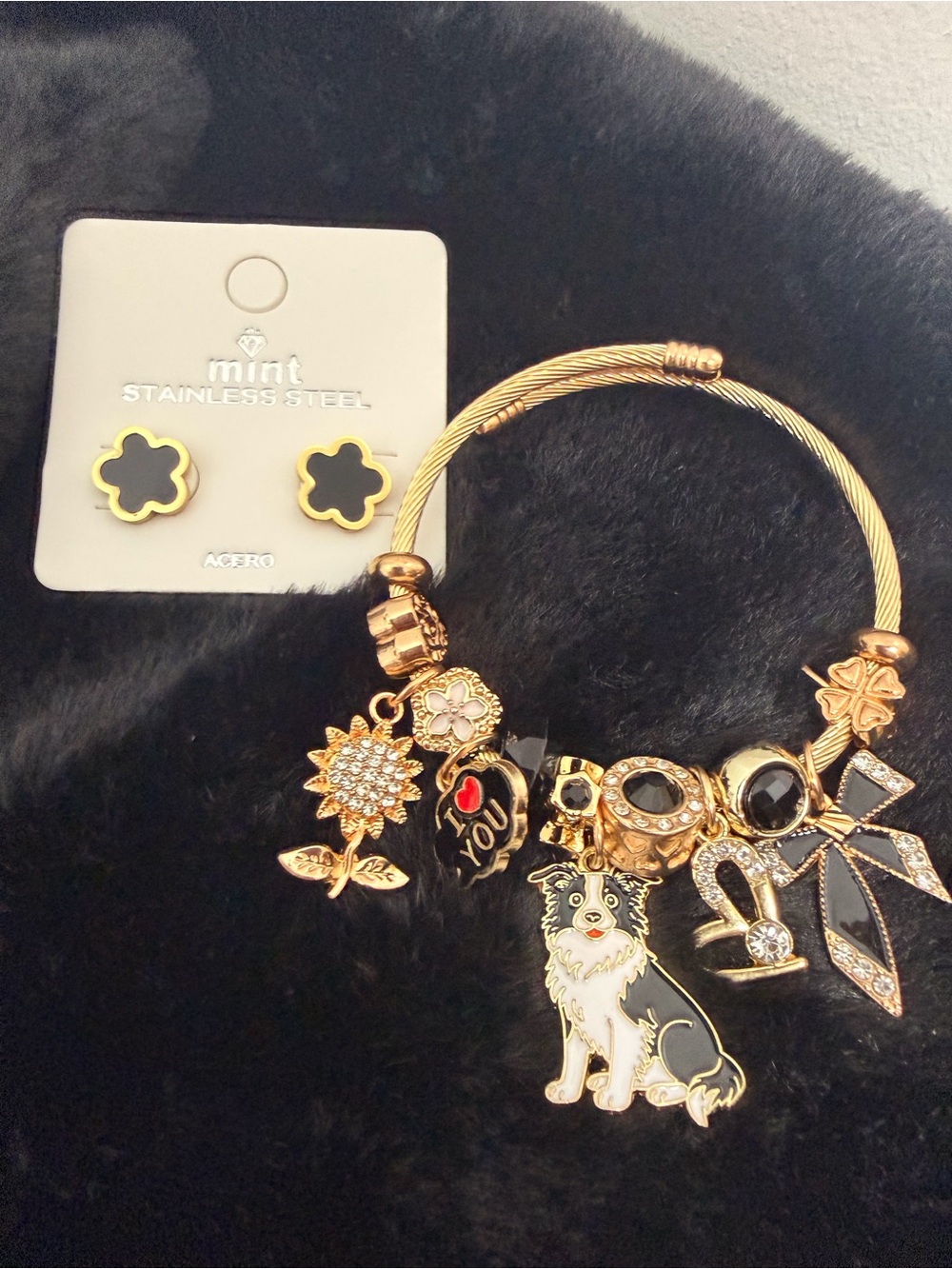 Mint Gold-Tone Charm Adjustable Bracelet with Black Enamel Accents & Dog Charm